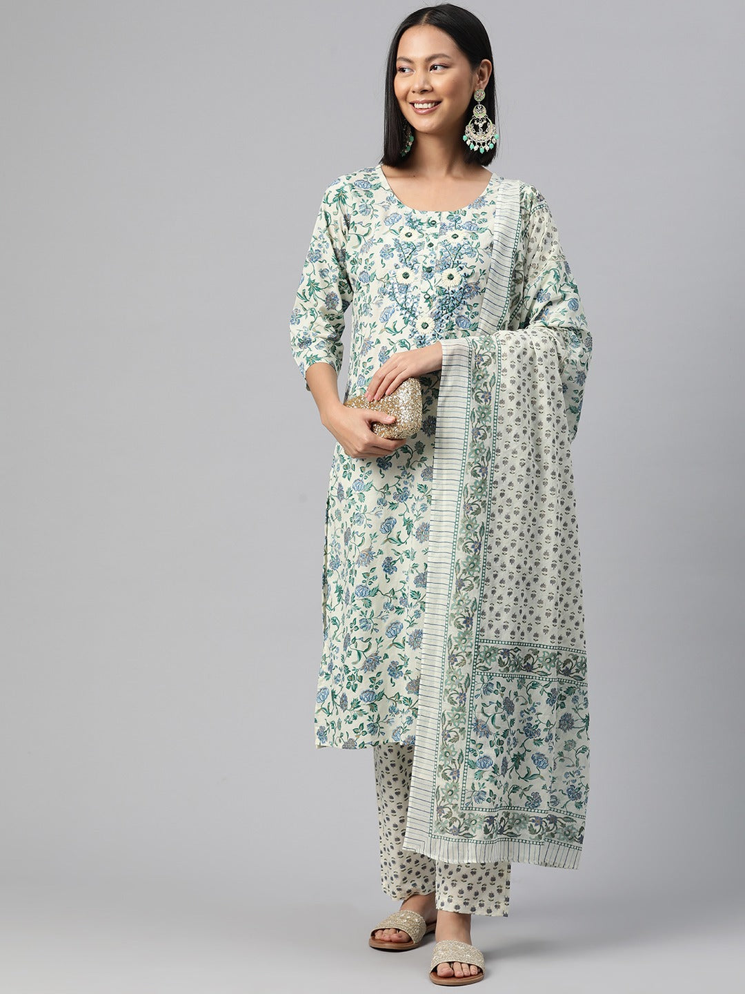 Cotton Floral Straight Kurta Pant And Dupatta
