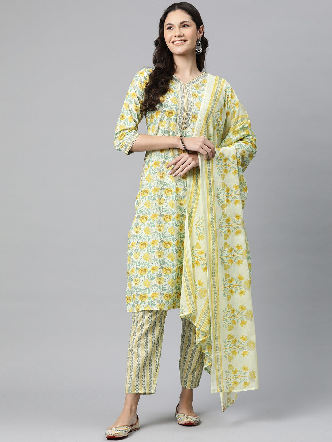 Cotton Floral Straight Kurta Pant And Dupatta