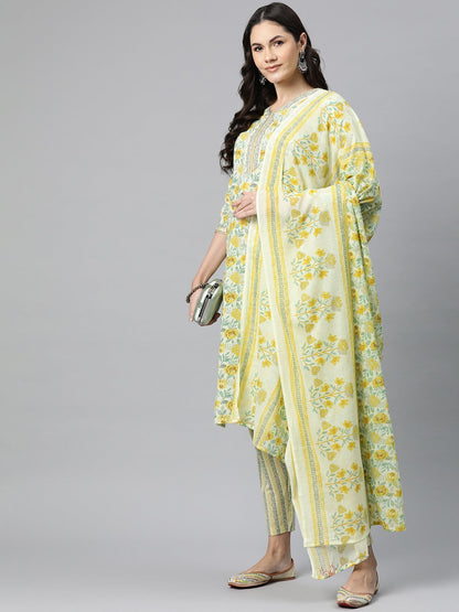 Cotton Floral Straight Kurta Pant And Dupatta