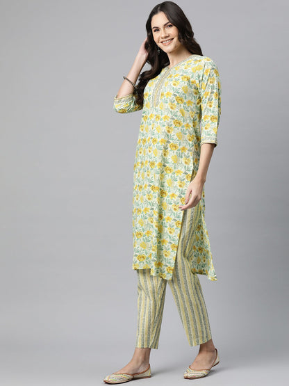 Cotton Floral Straight Kurta Pant And Dupatta