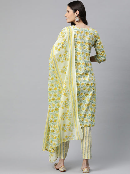 Cotton Floral Straight Kurta Pant And Dupatta