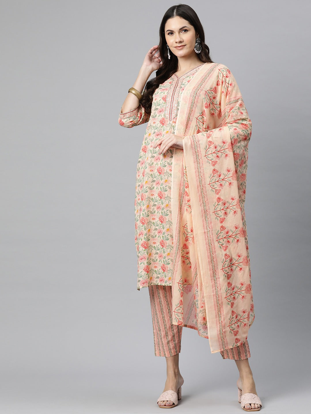 Cotton Floral Straight Kurta Pant And Dupatta