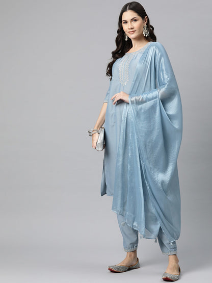 Silk Embroidered Straight Kurta Pant And Dupatta