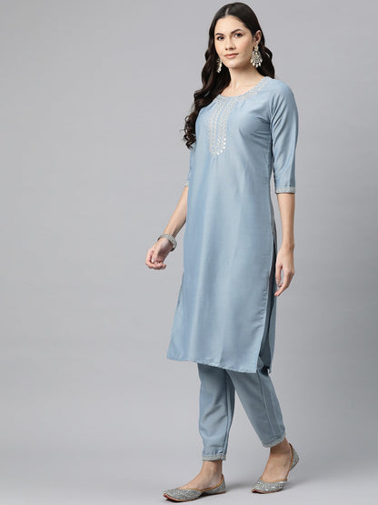 Silk Embroidered Straight Kurta Pant And Dupatta