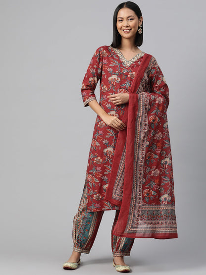 Cotton Floral Straight Kurta Patiala With Dupatta