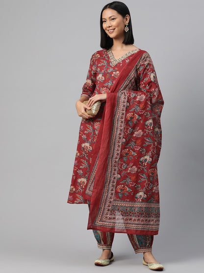 Cotton Floral Straight Kurta Patiala With Dupatta