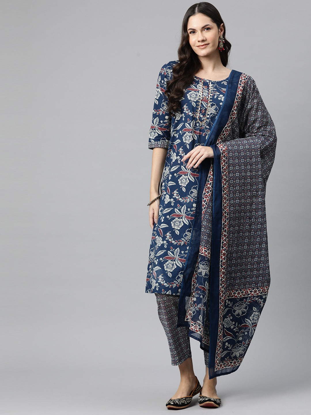Cotton Floral Straight Kurta Pant And Dupatta