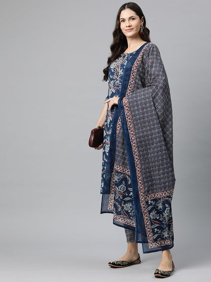 Cotton Floral Straight Kurta Pant And Dupatta