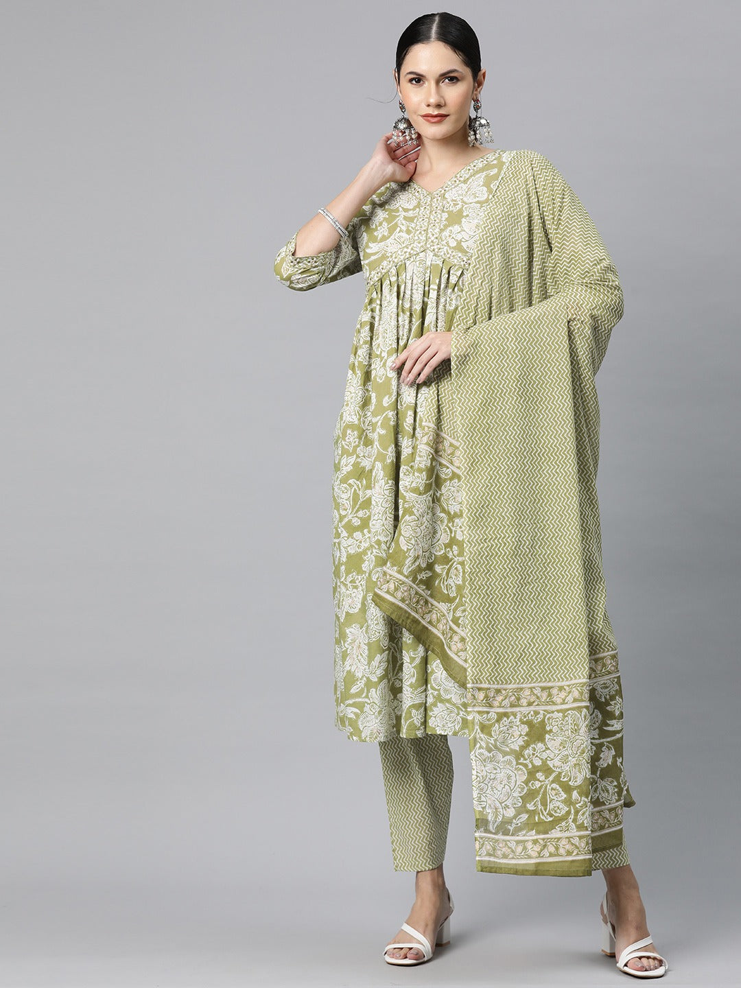 Cotton Floral Anarkali Kurta Pant And Dupatta