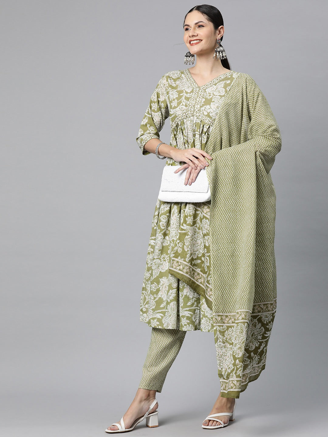 Cotton Floral Anarkali Kurta Pant And Dupatta