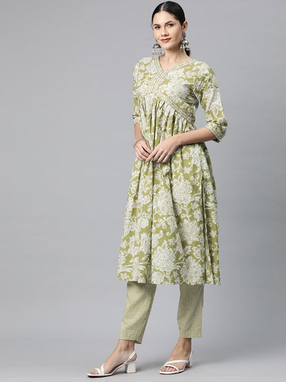 Cotton Floral Anarkali Kurta Pant And Dupatta
