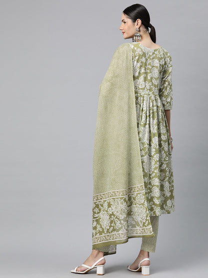 Cotton Floral Anarkali Kurta Pant And Dupatta