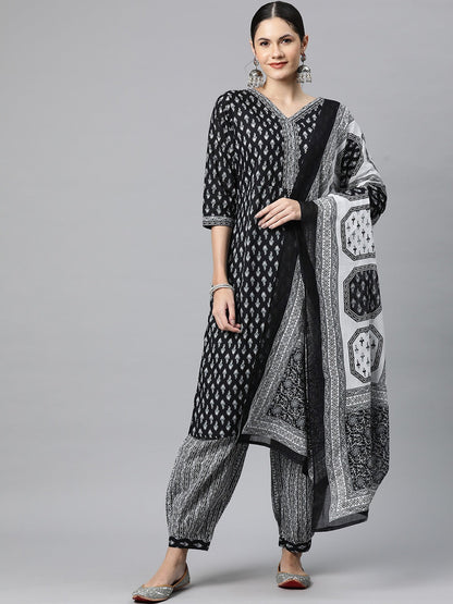 Cotton Floral Straight Kurta Patiala With Dupatta