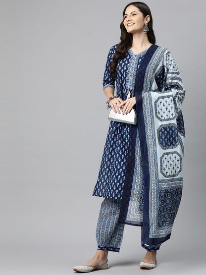 Cotton Floral Straight Kurta Patiala With Dupatta