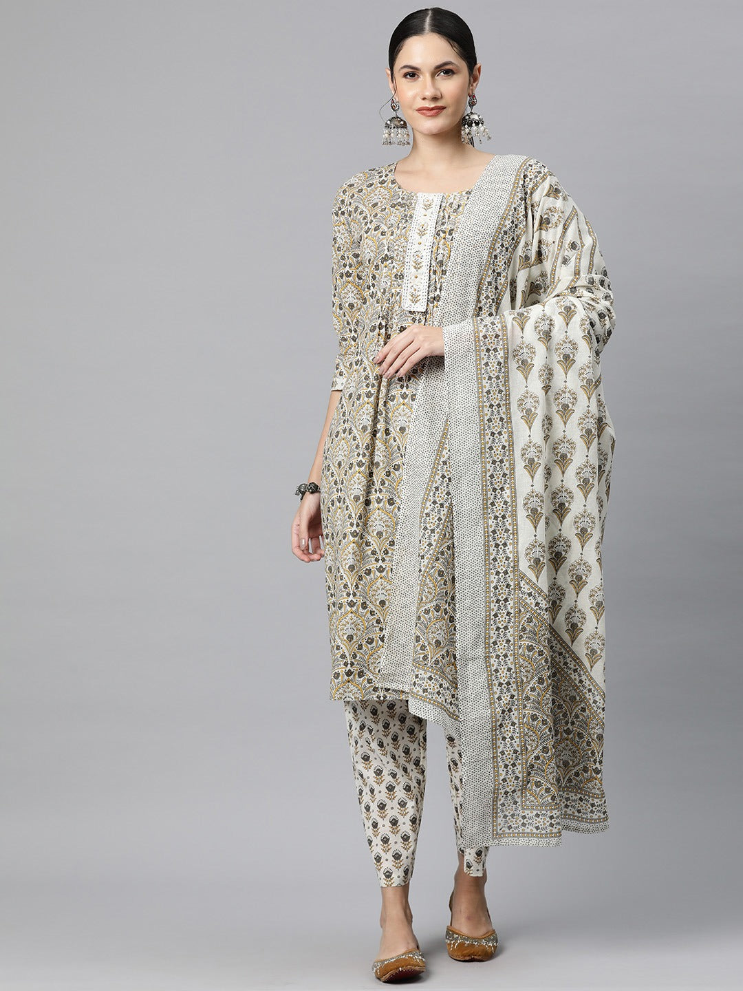 Cotton Floral Straight Kurta Pant And Dupatta