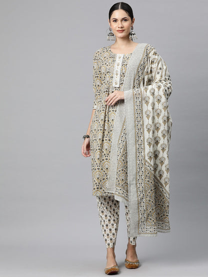 Cotton Floral Straight Kurta Pant And Dupatta