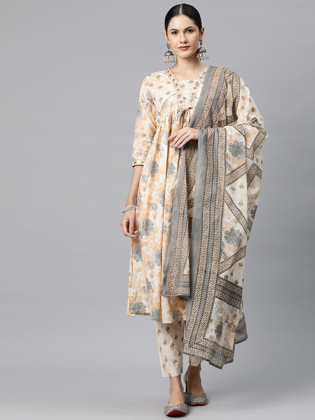 Cotton Floral Anarkali Kurta Pant And Dupatta