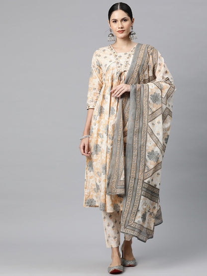 Cotton Floral Anarkali Kurta Pant And Dupatta