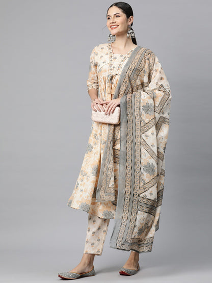 Cotton Floral Anarkali Kurta Pant And Dupatta