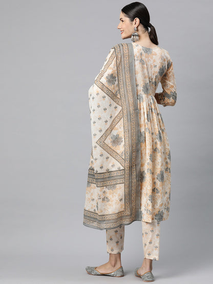 Cotton Floral Anarkali Kurta Pant And Dupatta
