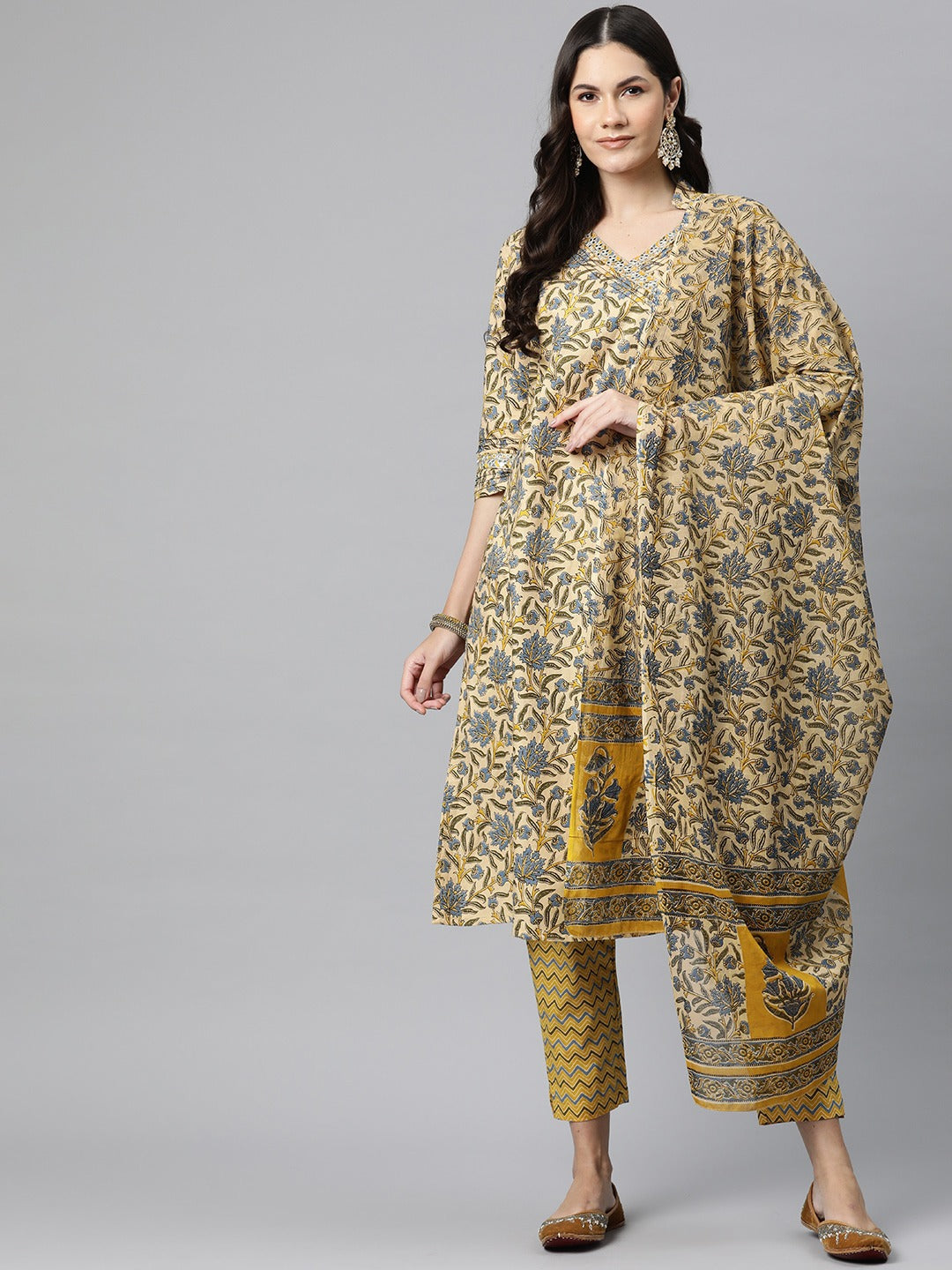Cotton Floral A Line Kurta Pant And Dupatta