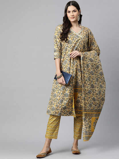 Cotton Floral A Line Kurta Pant And Dupatta