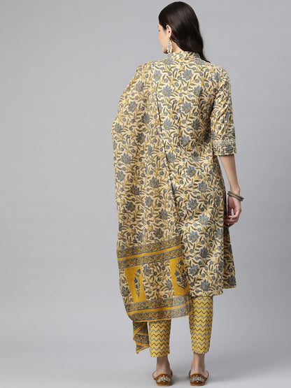 Cotton Floral A Line Kurta Pant And Dupatta