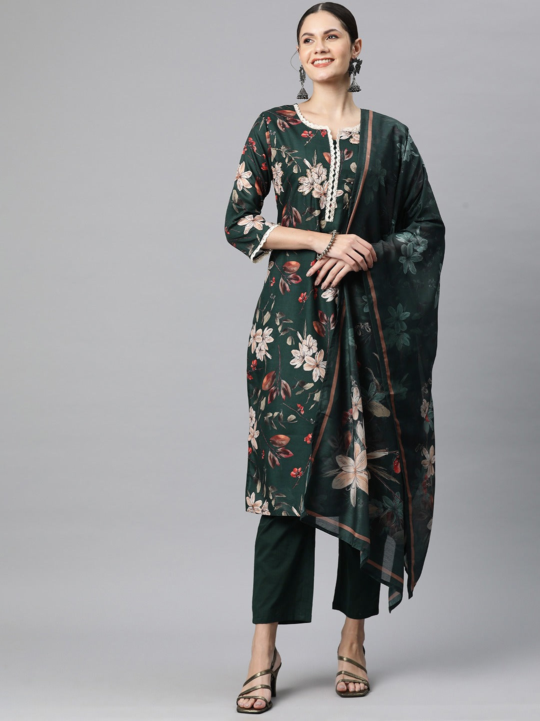 Cotton Floral Straight Kurta Pant And Dupatta