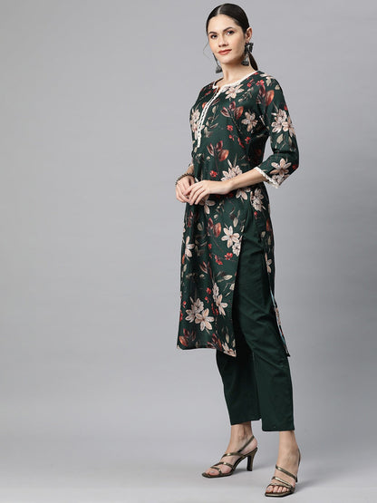 Cotton Floral Straight Kurta Pant And Dupatta
