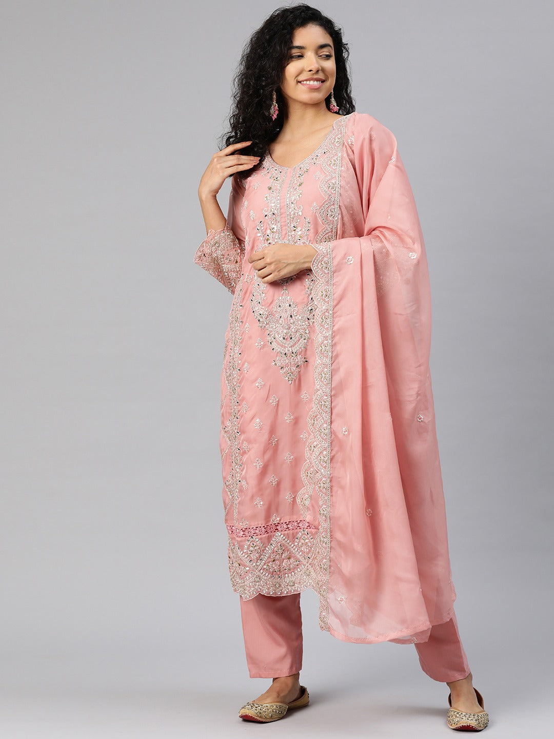 Pakistani Style Organza Fabric Peach Color Kurti With Bottom And Dupatta