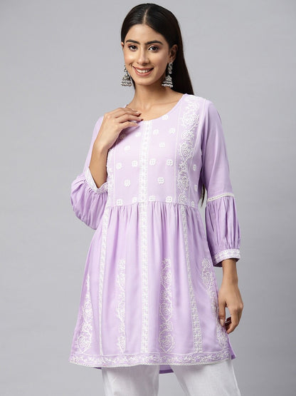 Frock Style Rayon Fabric Lavender Color Kurti