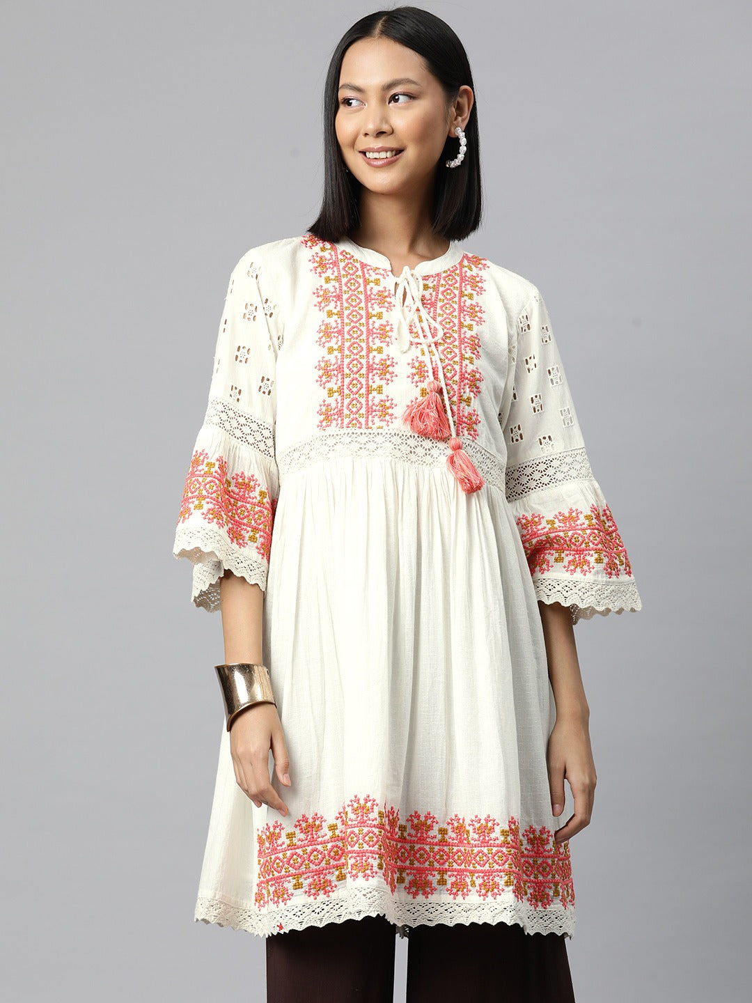 Frock Style Cotton Fabric White Color Kurti