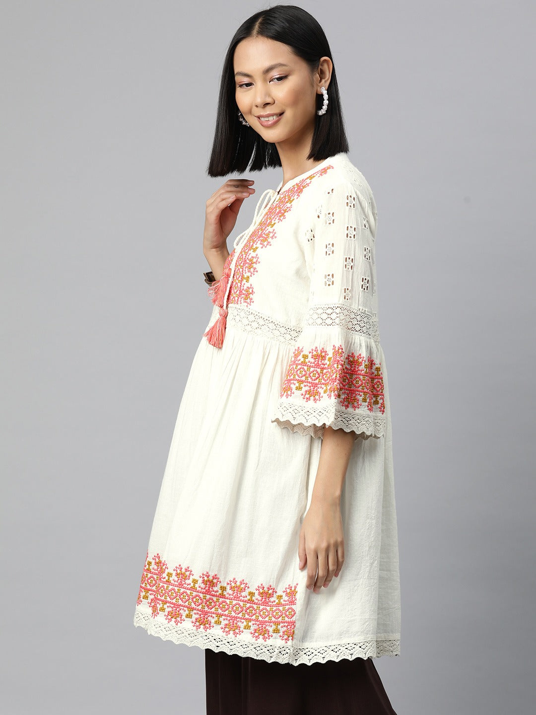 Frock Style Cotton Fabric White Color Kurti