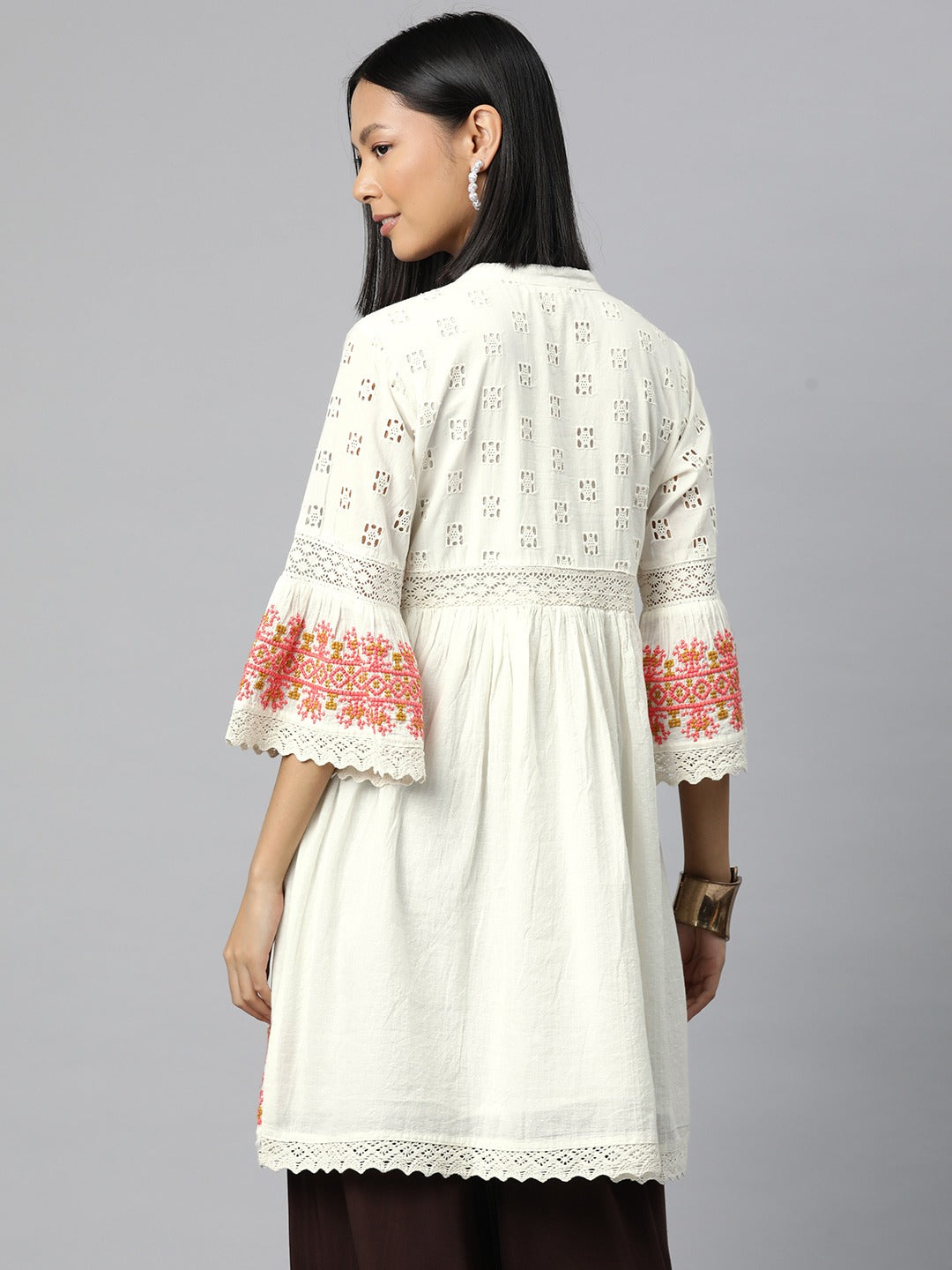 Frock Style Cotton Fabric White Color Kurti