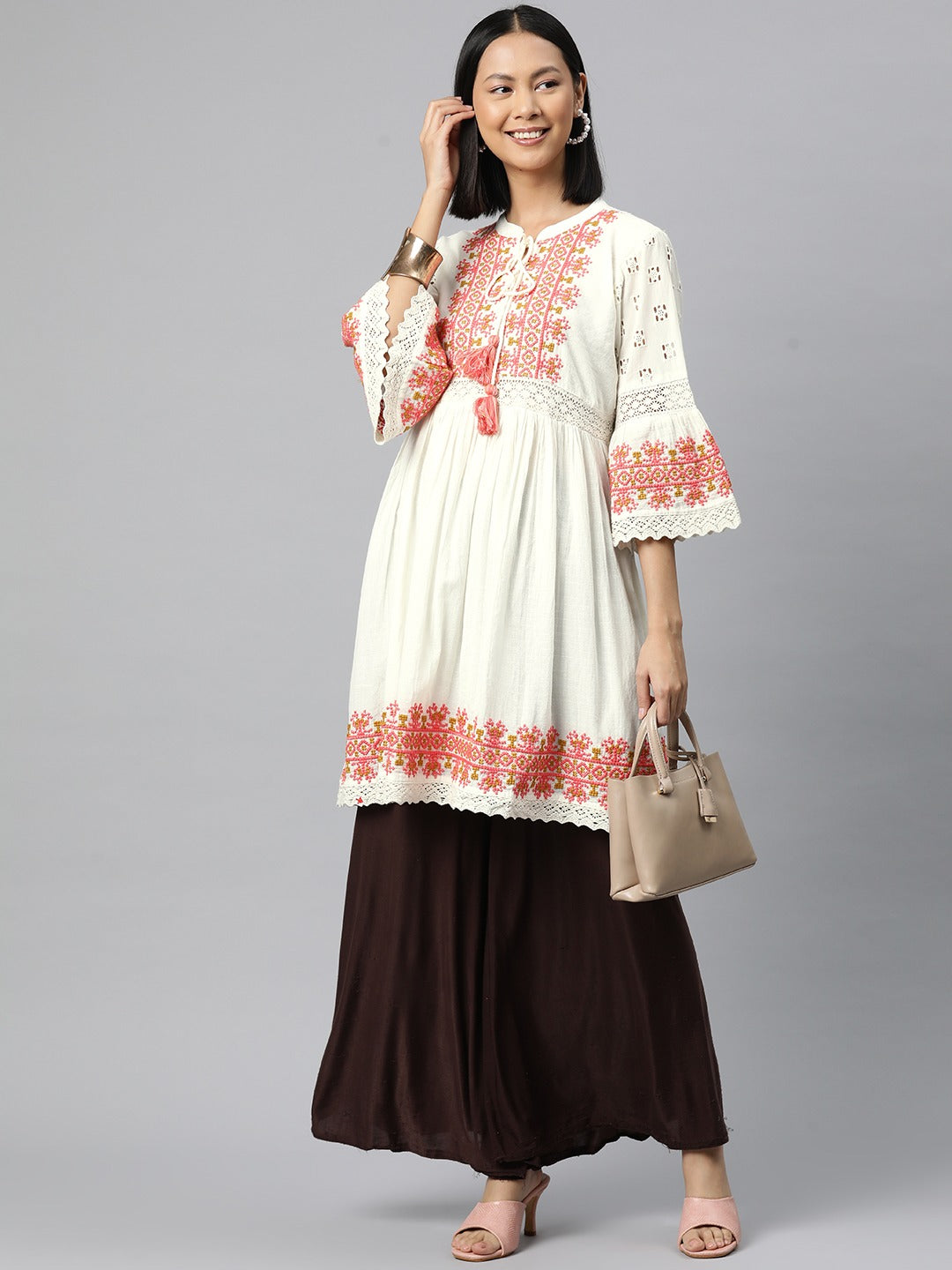 Frock Style Cotton Fabric White Color Kurti