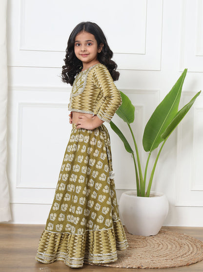 Straight Style Cotton Fabric Green Color Printed Lehenga Choli