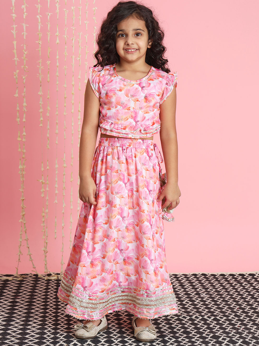 Straight Style Chinnon Fabric Pink Color Lehenga Choli