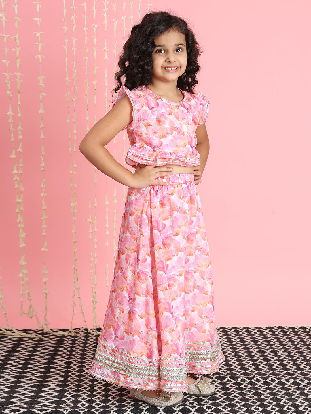 Straight Style Chinnon Fabric Pink Color Lehenga Choli