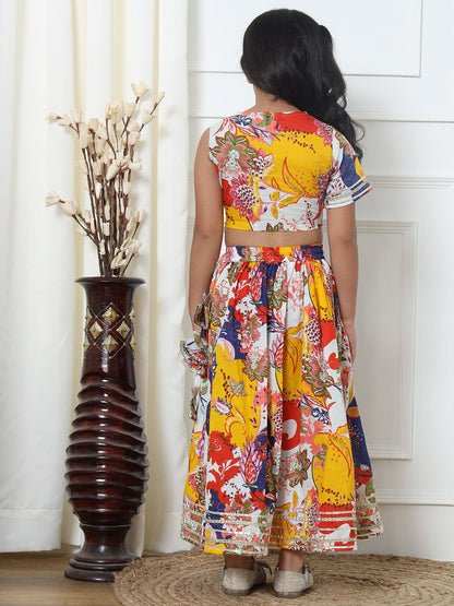 Straight Style Cotton Fabric Yellow Color Printed Lehenga Choli