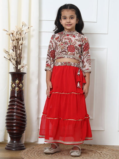 Straight Style Silk Fabric Beige And Red Color Lehenga Choli