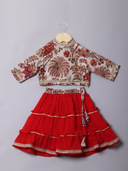 Straight Style Silk Fabric Beige And Red Color Lehenga Choli