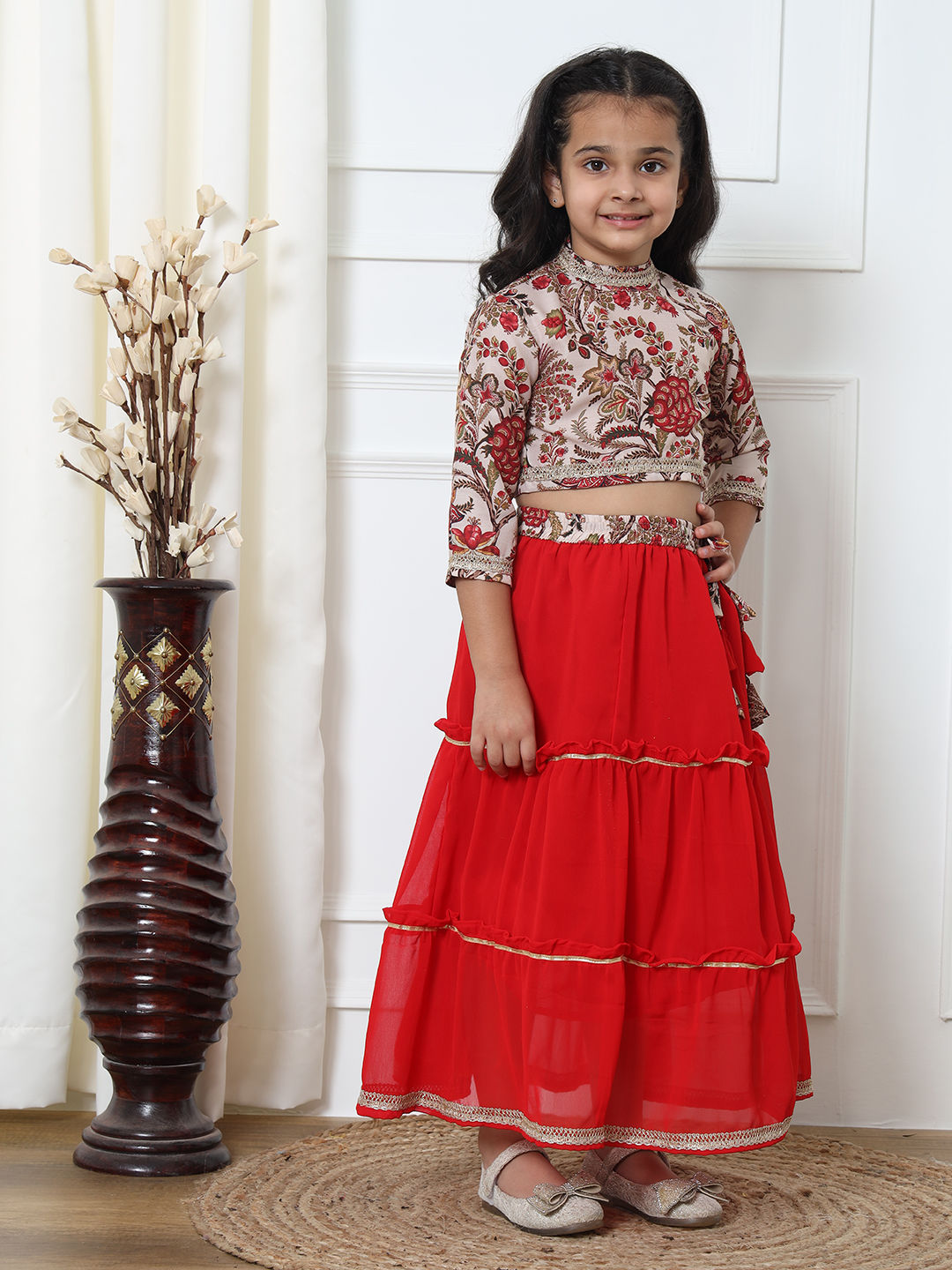 Straight Style Silk Fabric Beige And Red Color Lehenga Choli
