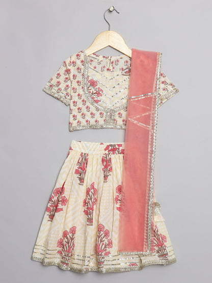 Straight Style Cotton Fabric Cream Color Lehenga Choli With Dupatta