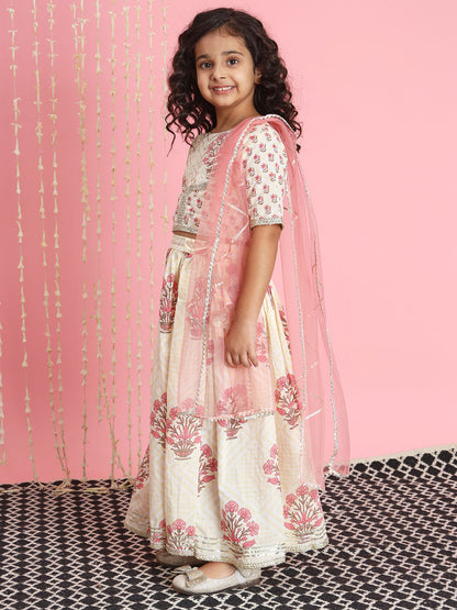 Straight Style Cotton Fabric Cream Color Lehenga Choli With Dupatta