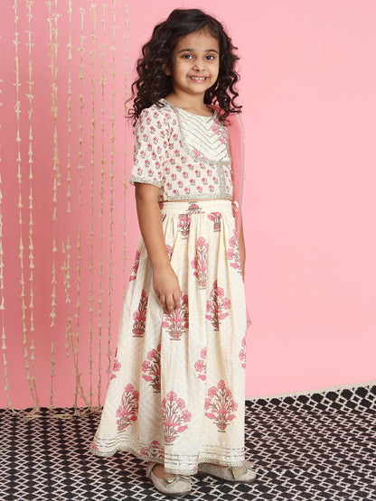 Straight Style Cotton Fabric Cream Color Lehenga Choli With Dupatta