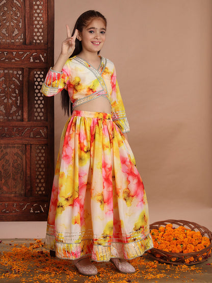 Straight Style Silk Fabric Yellow Color Printed Lehenga Choli