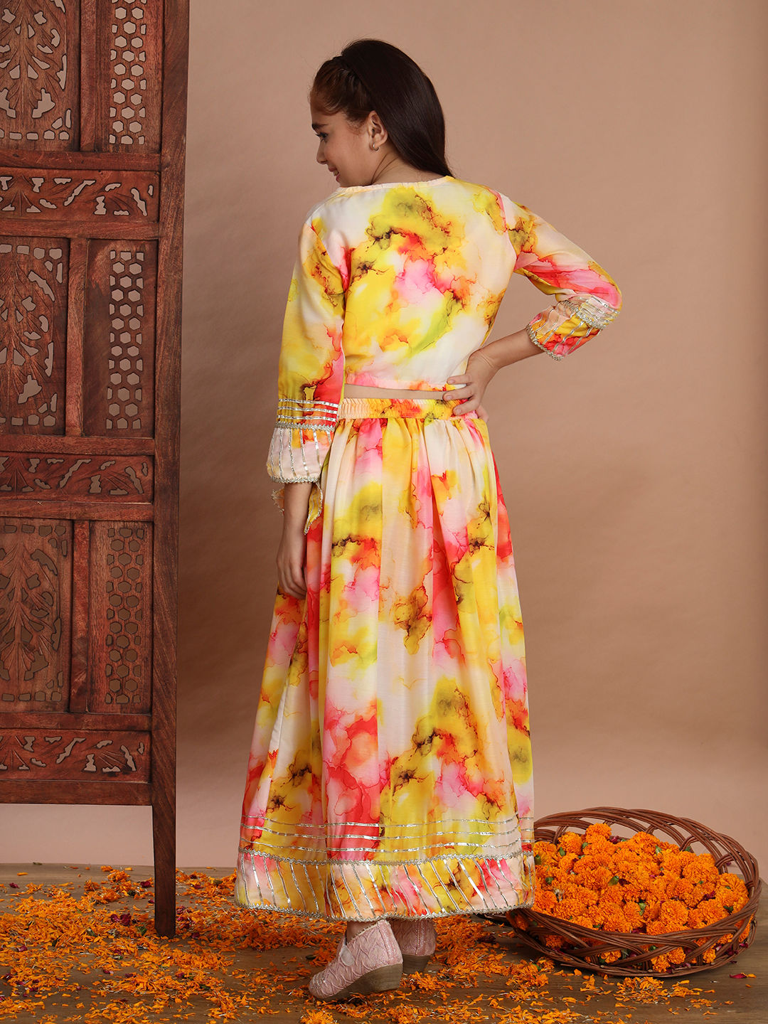 Straight Style Silk Fabric Yellow Color Printed Lehenga Choli