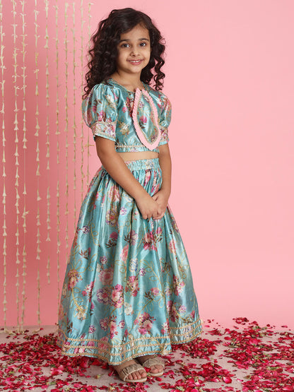 Straight Style Art Silk Fabric Blue Color Printed Lehenga Choli