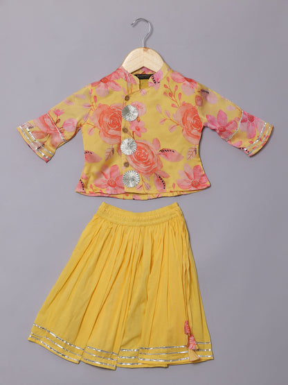 Straight Style Satin Fabric Yellow Color Printed Lehenga Choli