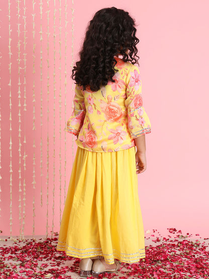 Straight Style Satin Fabric Yellow Color Printed Lehenga Choli